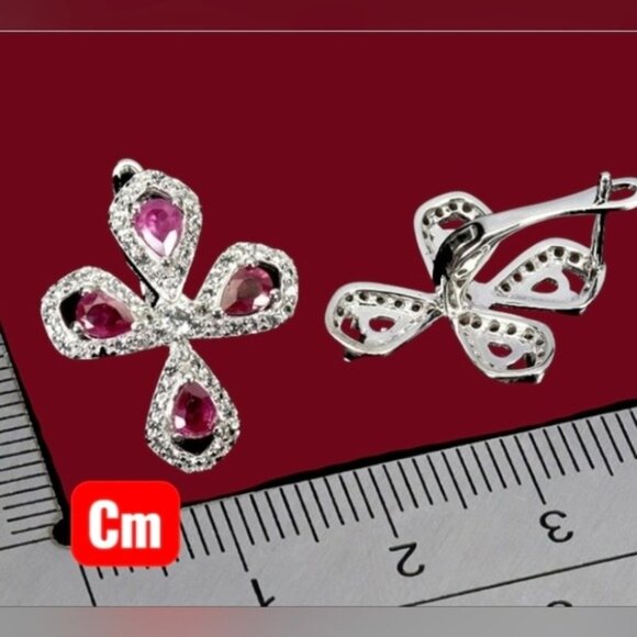 925 Sterling Silver Earrings with Natural Ruby 4x3mm & White Topaz Gems - Picture 2 of 3